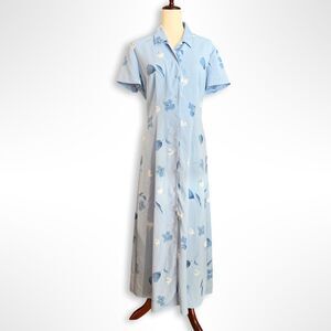 VTG 90s Button Collared Short Sleeve Blue Floral Maxi Dress, 12, Y2K Cottagecore